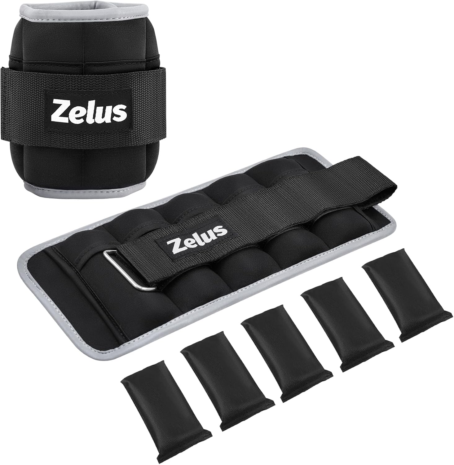 A set of black adjustable ankle weights with the ZELUS brand visible on them. The weights include a main compartment and several removable sandbags.