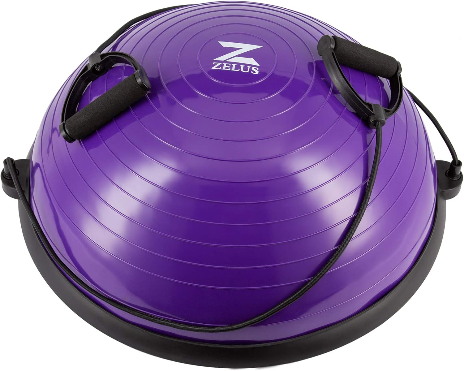 A black ZELUS balance ball trainer with a textured surface and resistance bands attached to it.