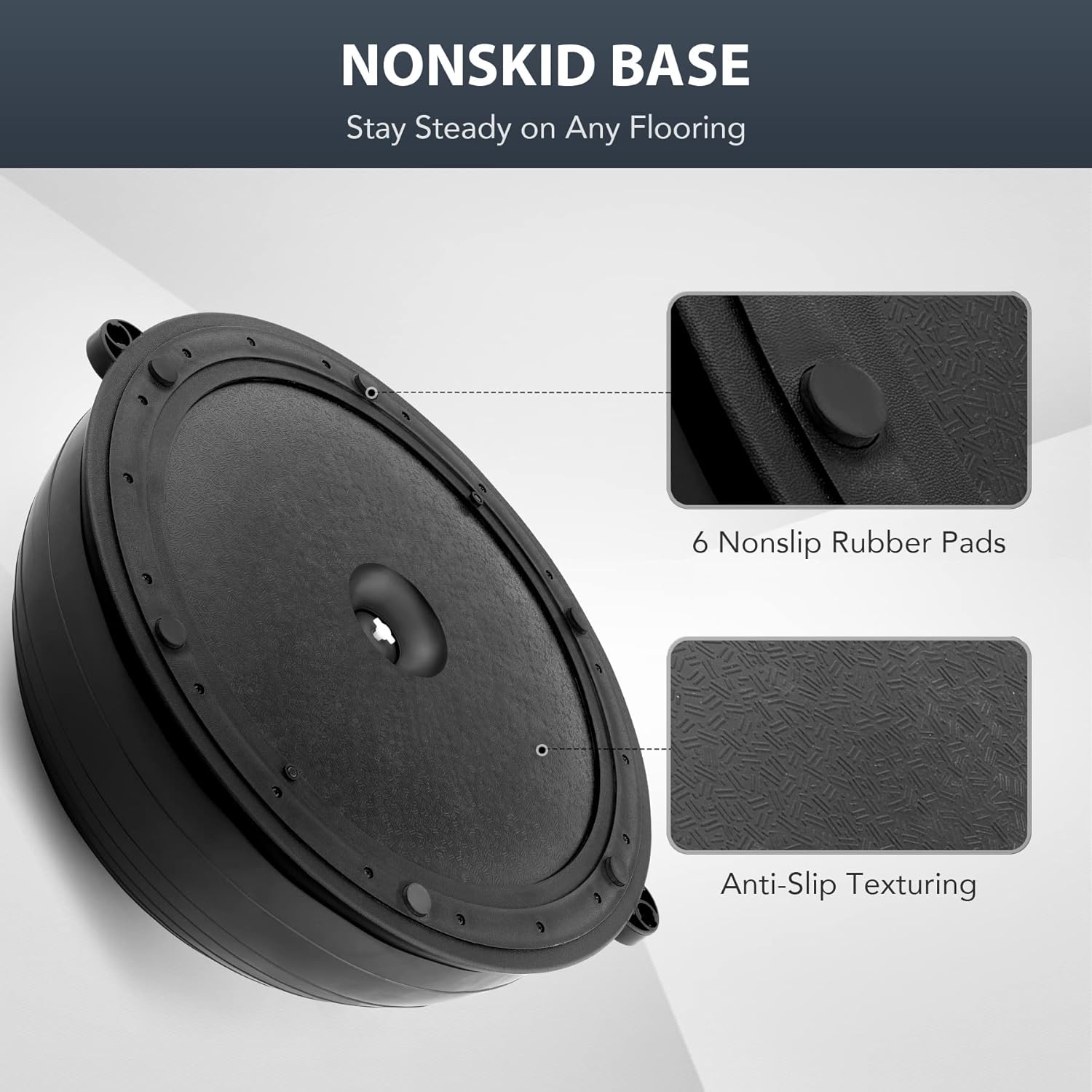 Black storage bin with non-skid base features on a white background.