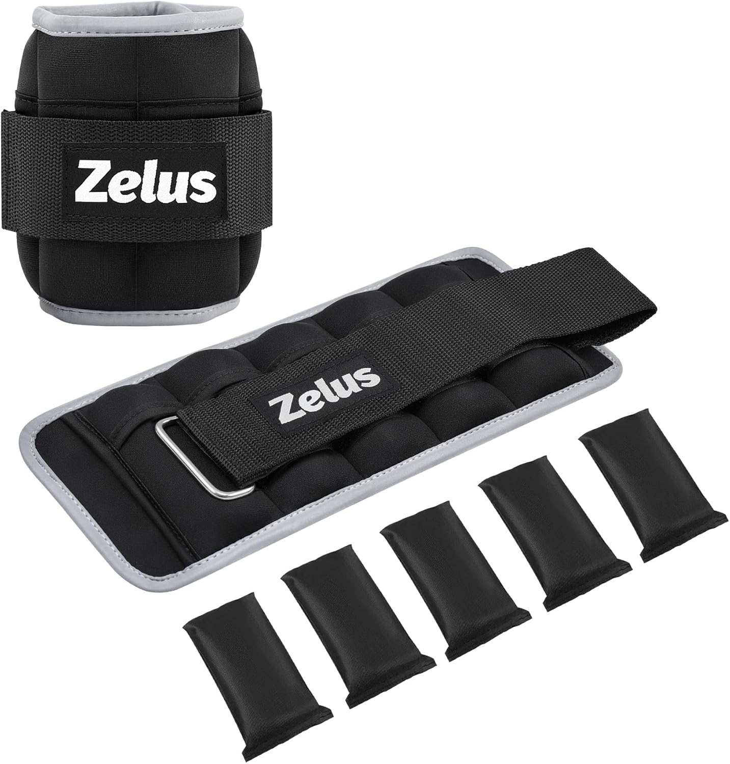 A set of black adjustable ankle weights with the ZELUS brand visible on them. The weights include a main compartment and several removable sandbags.