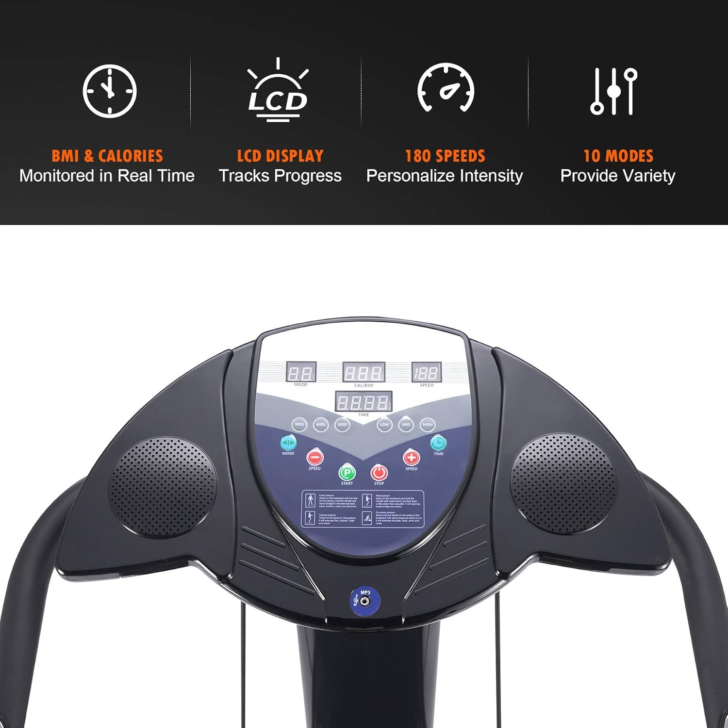 Treadmill control panel with digital display and icons.