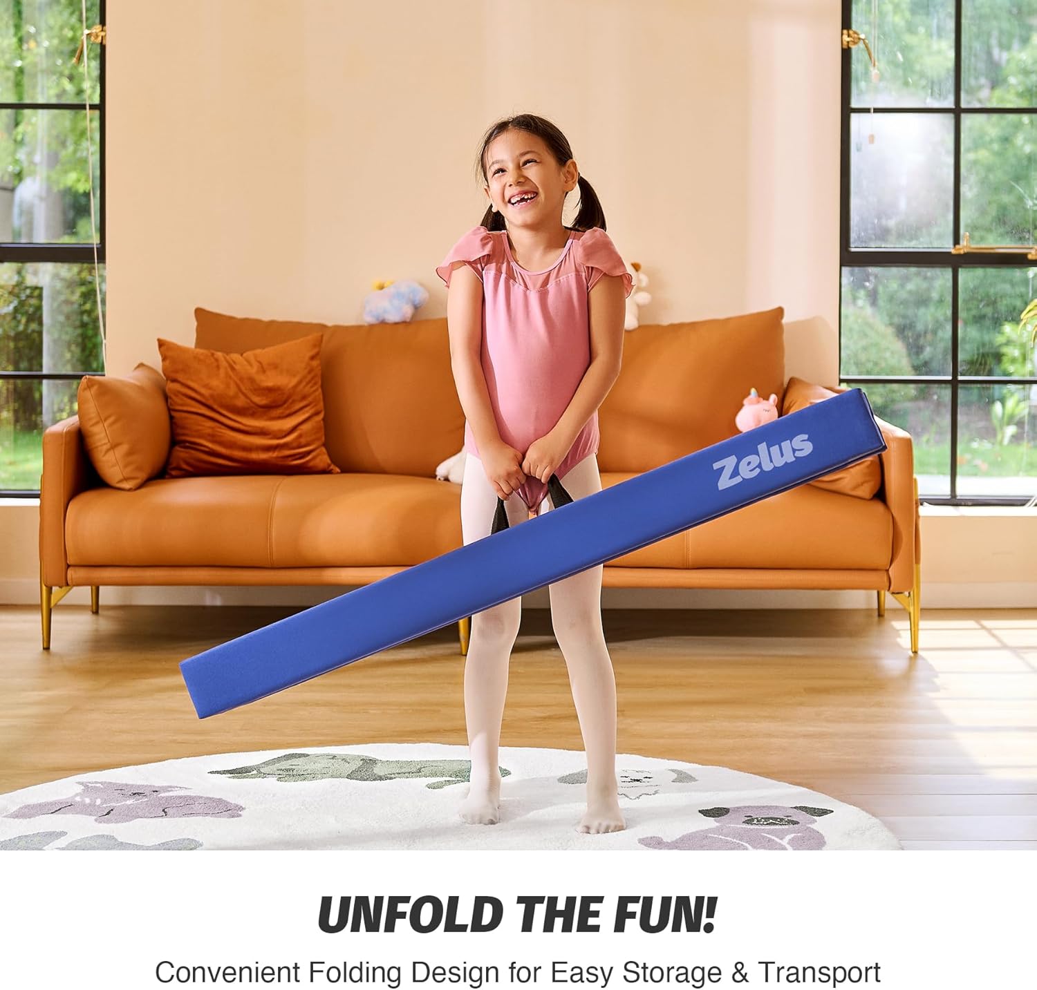 Child holding a blue Zelus product in a living room