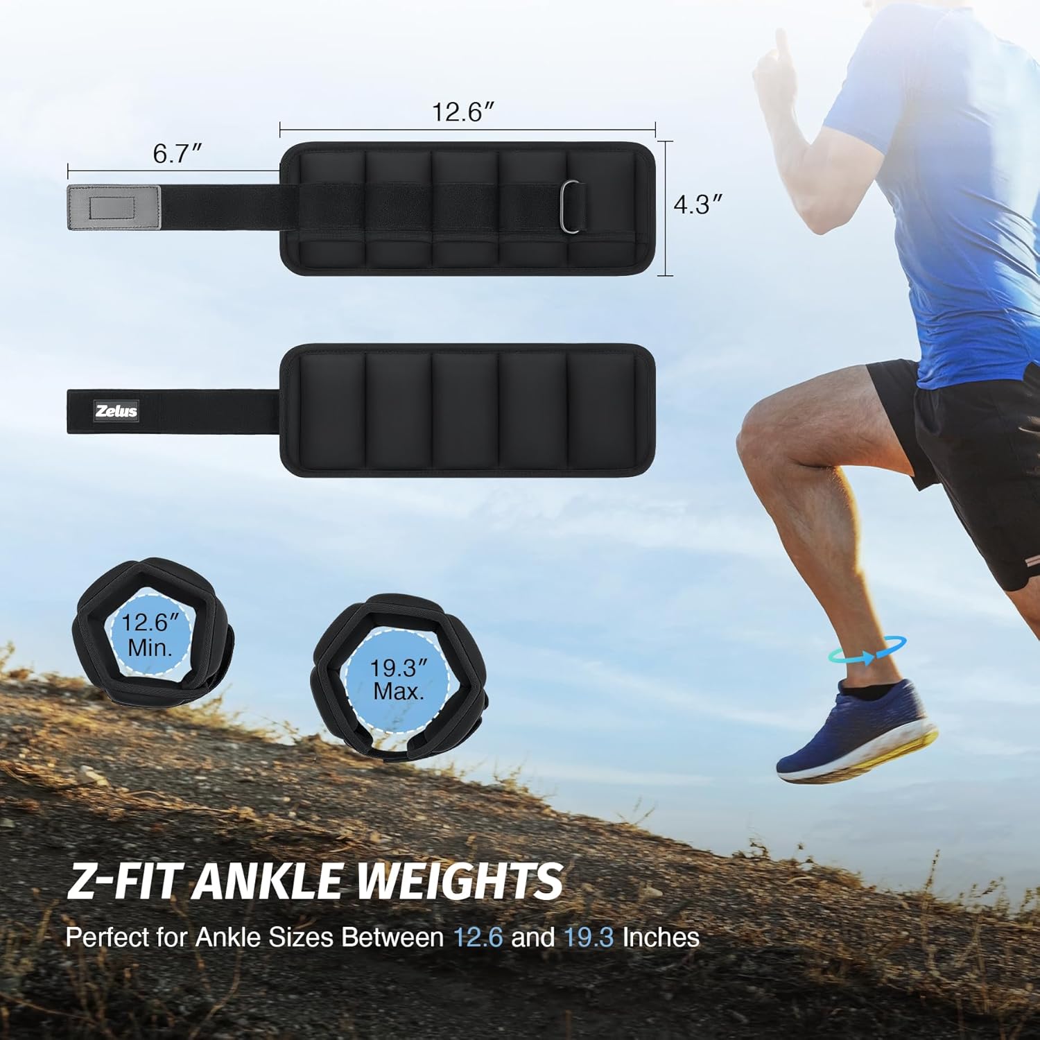 Z-FIT Ankle Weights with measurements and a person running in the background