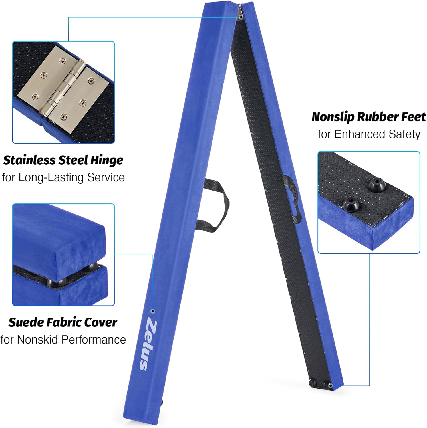 Blue Zelus carrying case with features highlighted on a white background