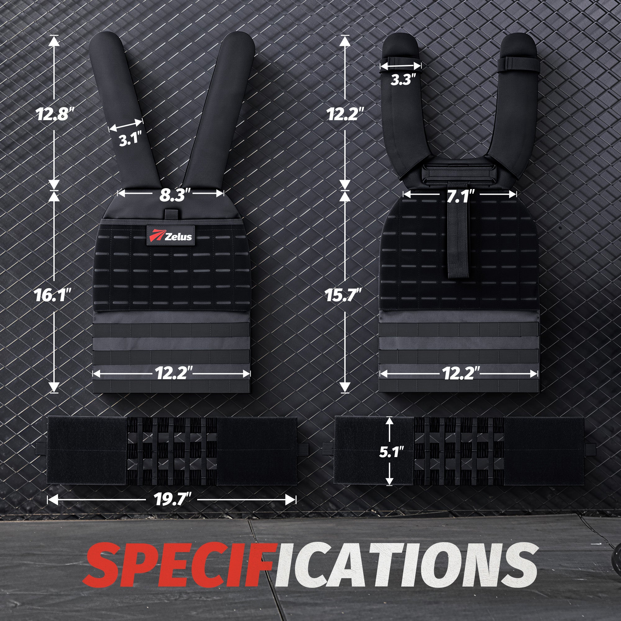 Black tactical vest with measurements on a textured gray background