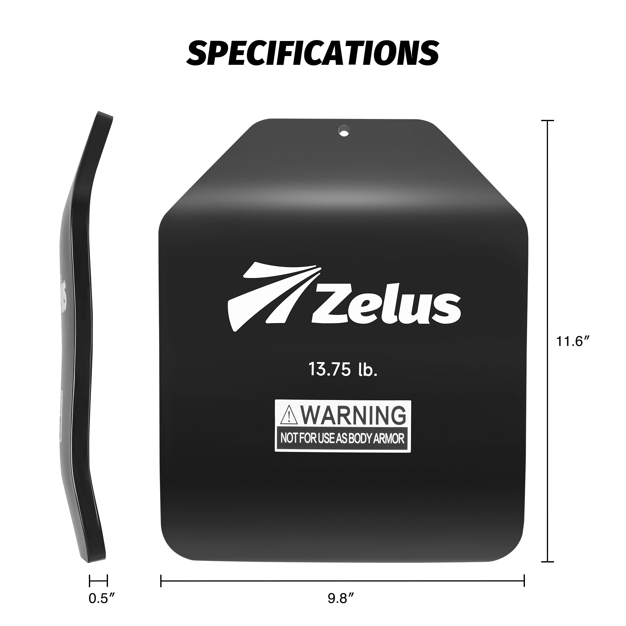Black protective pad with Zelus branding and dimensions on a white background