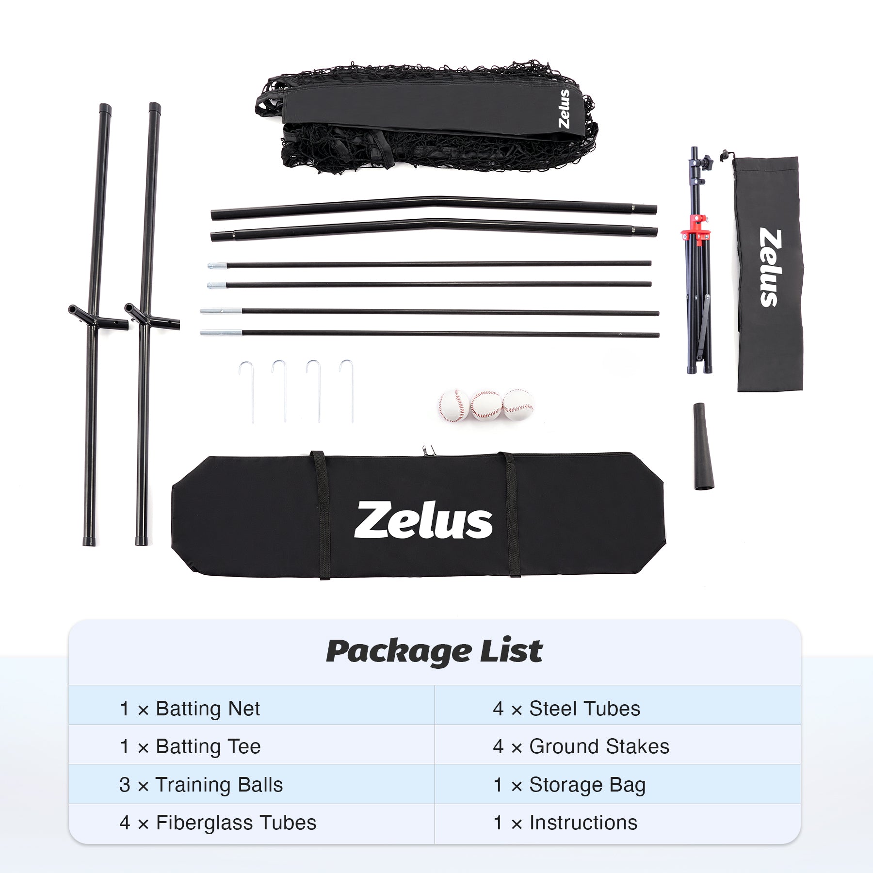 Zelus pitching machine and net system with balls