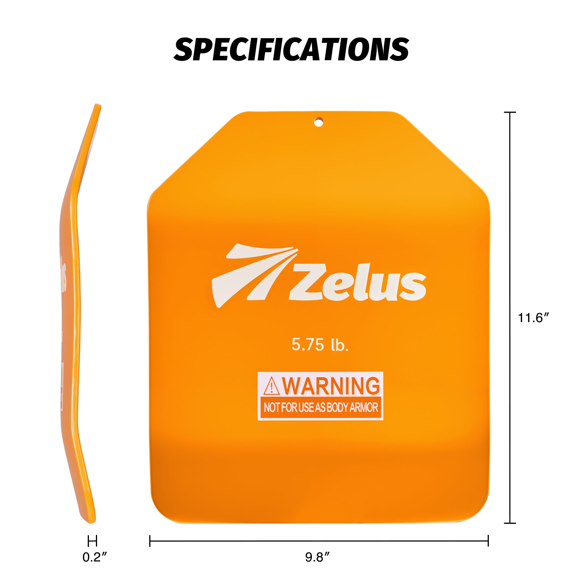 Orange Zelus body armor plate with dimensions and warning label on a white background