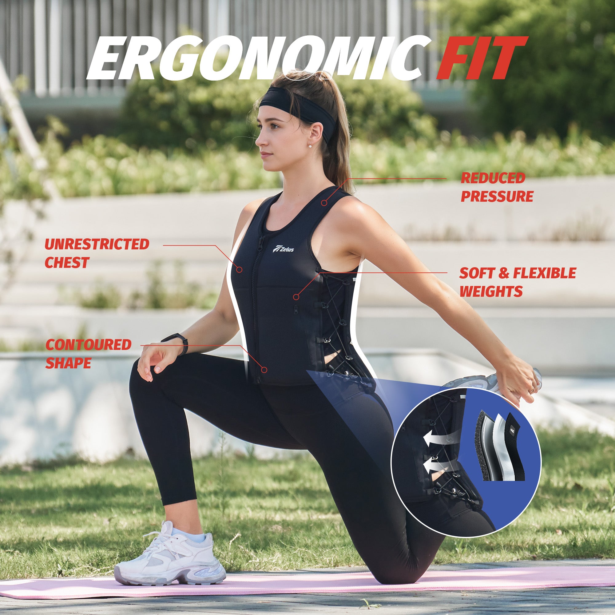 Woman exercising outdoors with text highlighting ergonomic features of a product.