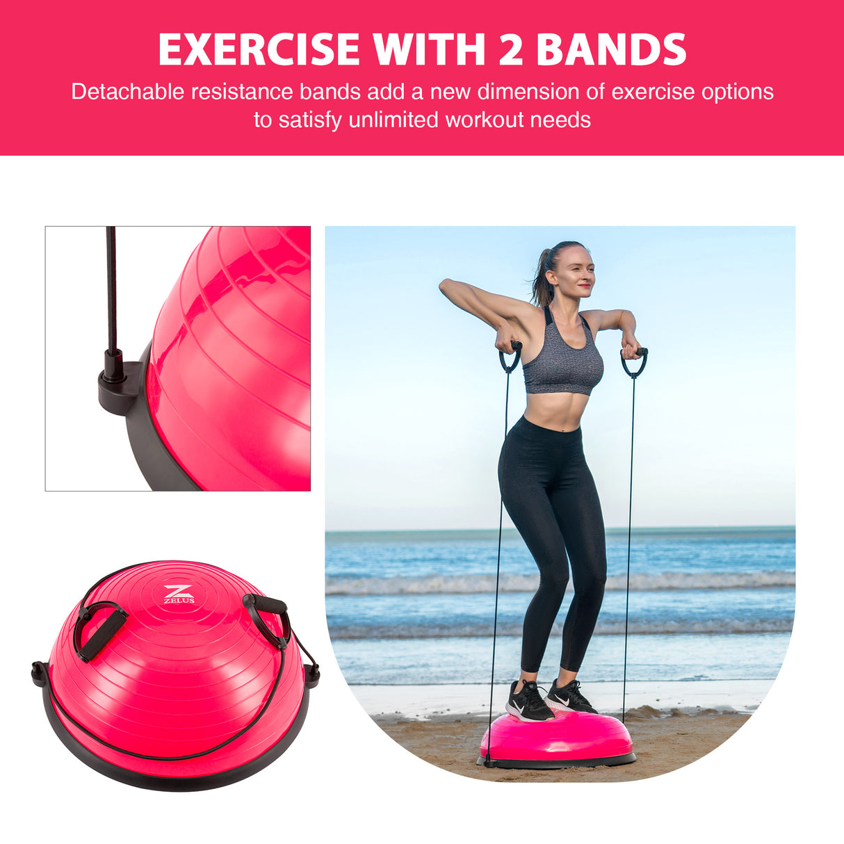 Fitness Balance Trainer 23-Inch Balance Ball with Resistance Bands Pink