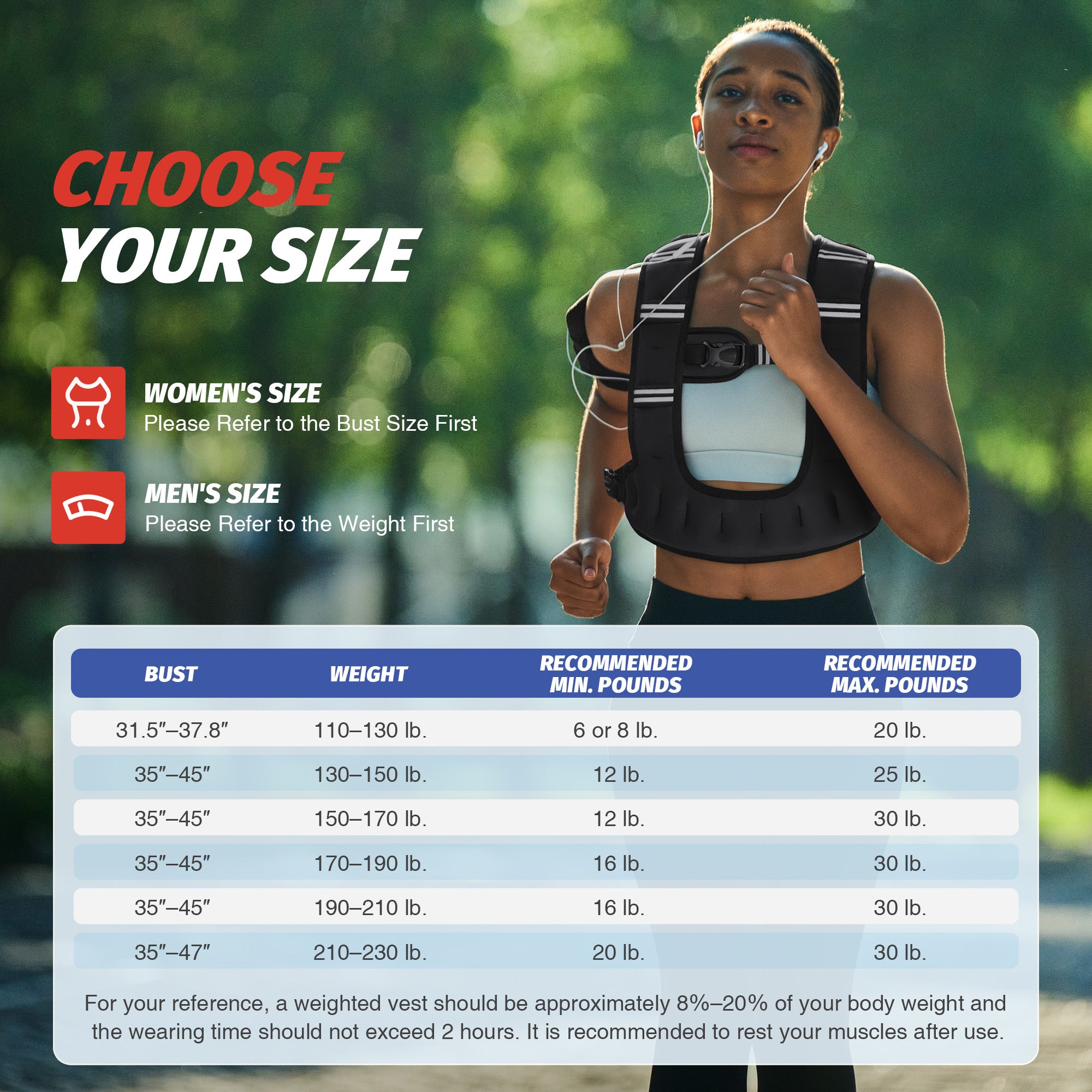 Person wearing a weighted vest with a size chart overlay