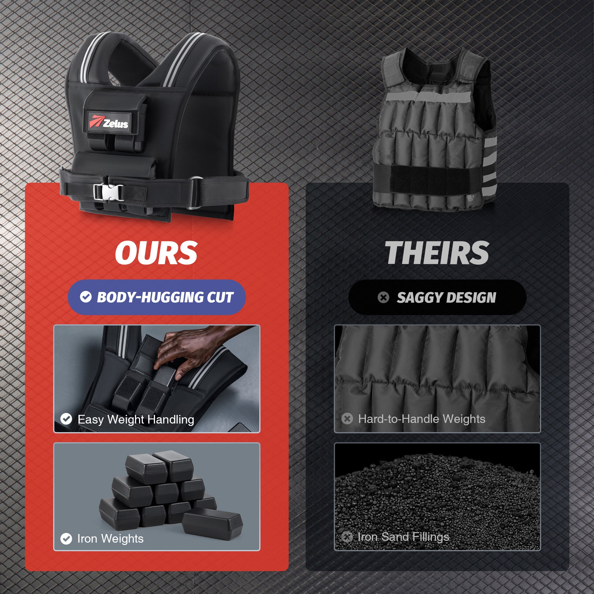 Comparison of a body-hugging weight vest with saggy design on a textured background