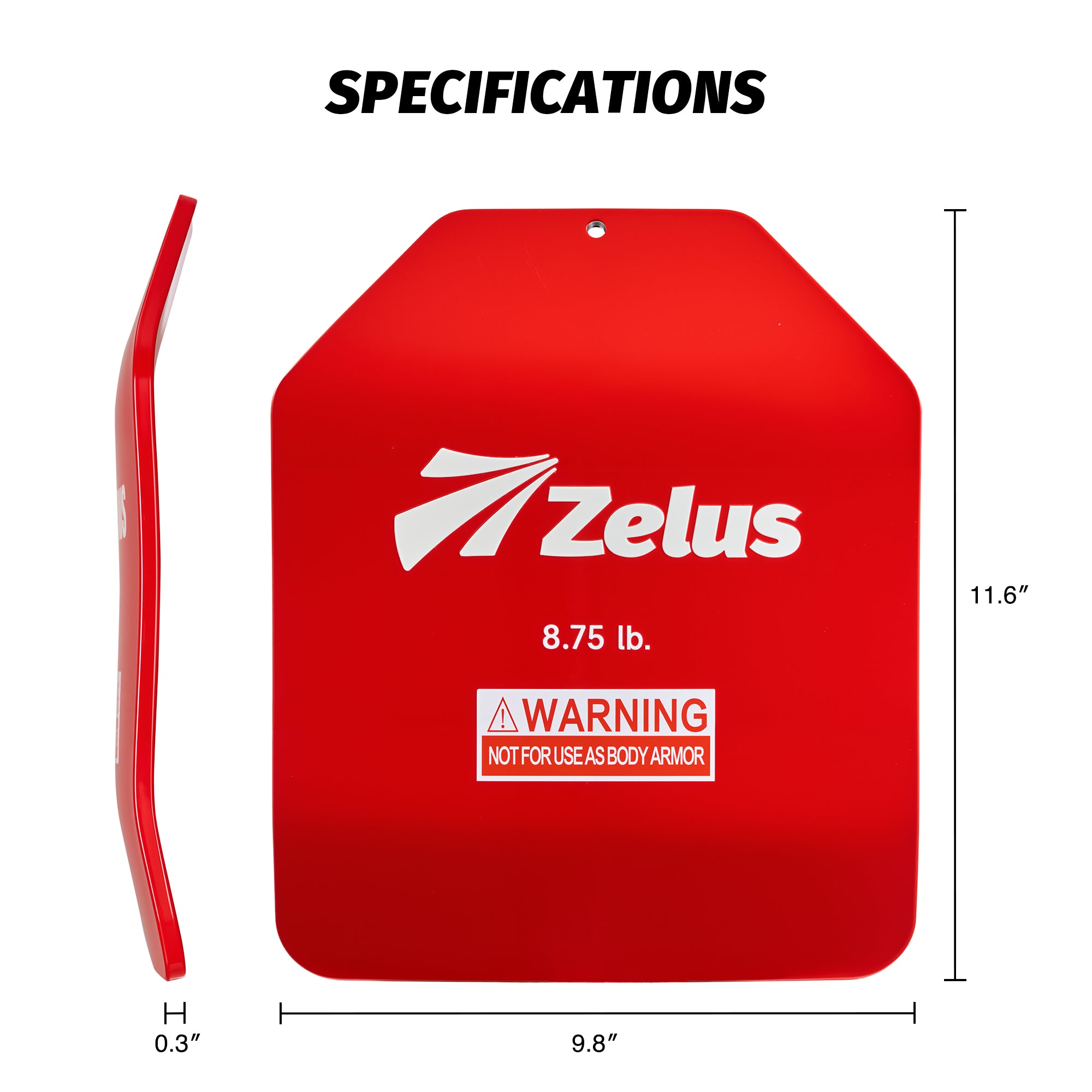 Red Zelus product with dimensions and weight information on a white background