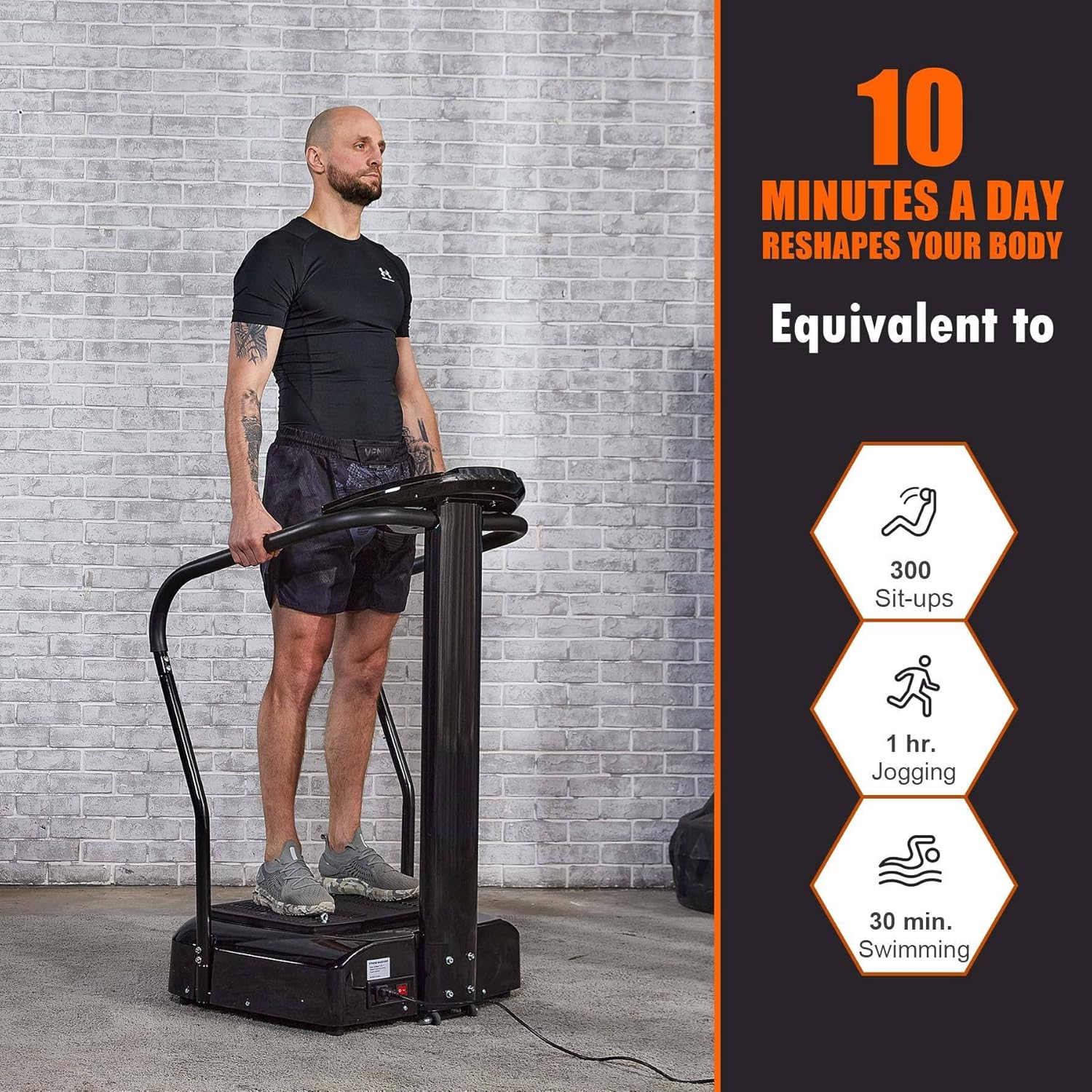 Man using a treadmill with fitness benefits displayed on the right.