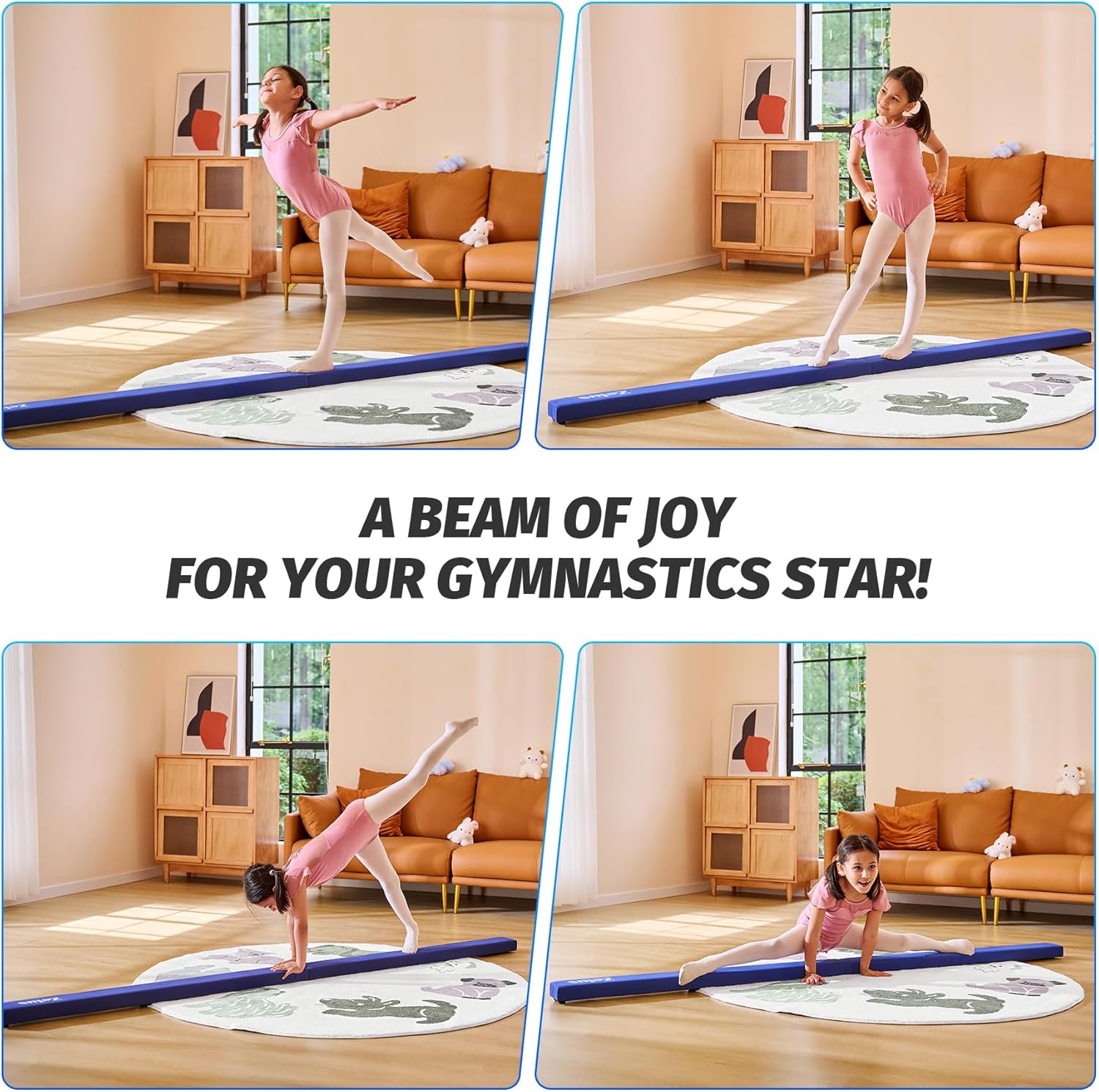Child performing gymnastics on a balance beam in a living room setting.