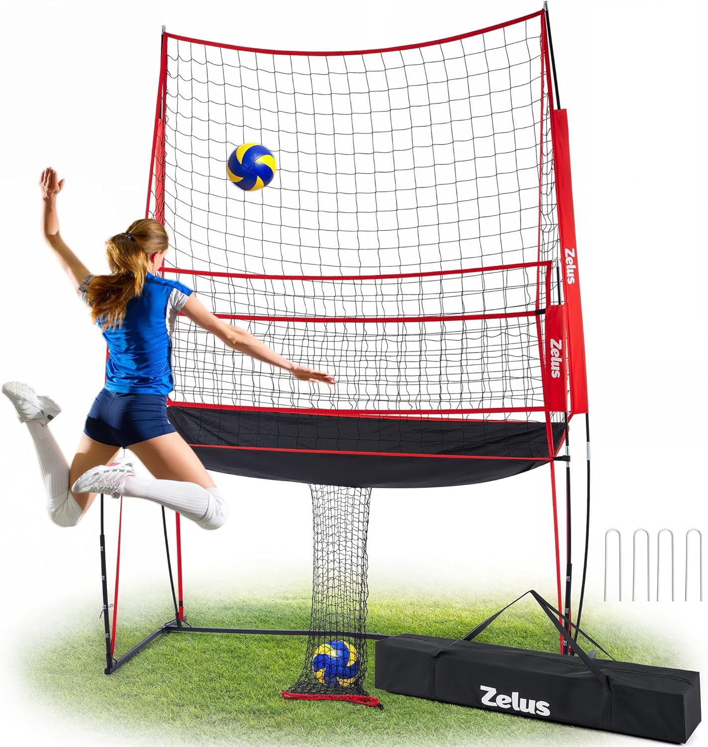 Person playing with a sports training net and ball on a grassy field, featuring the Zelus brand.