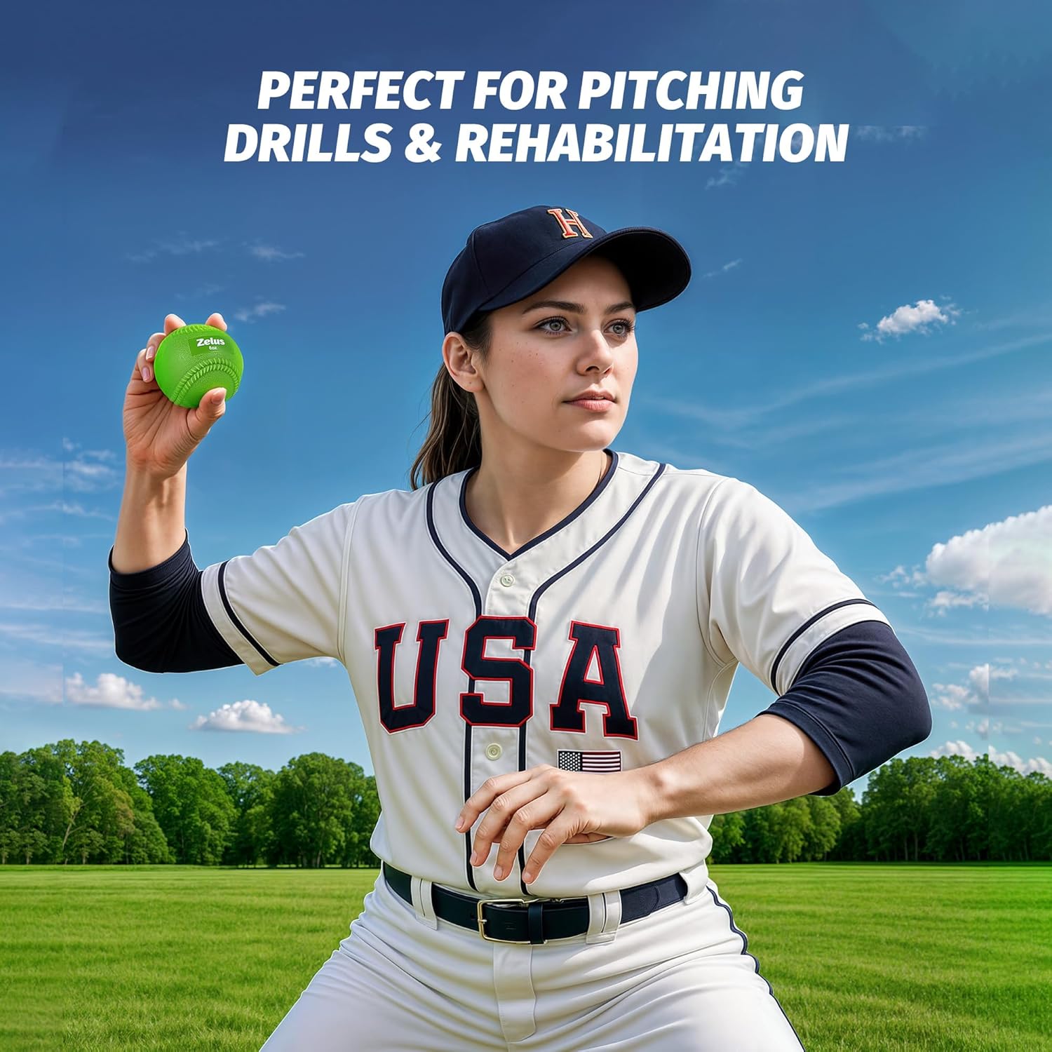 Person in USA baseball uniform holding a green ball with text about pitching drills and rehabilitation.