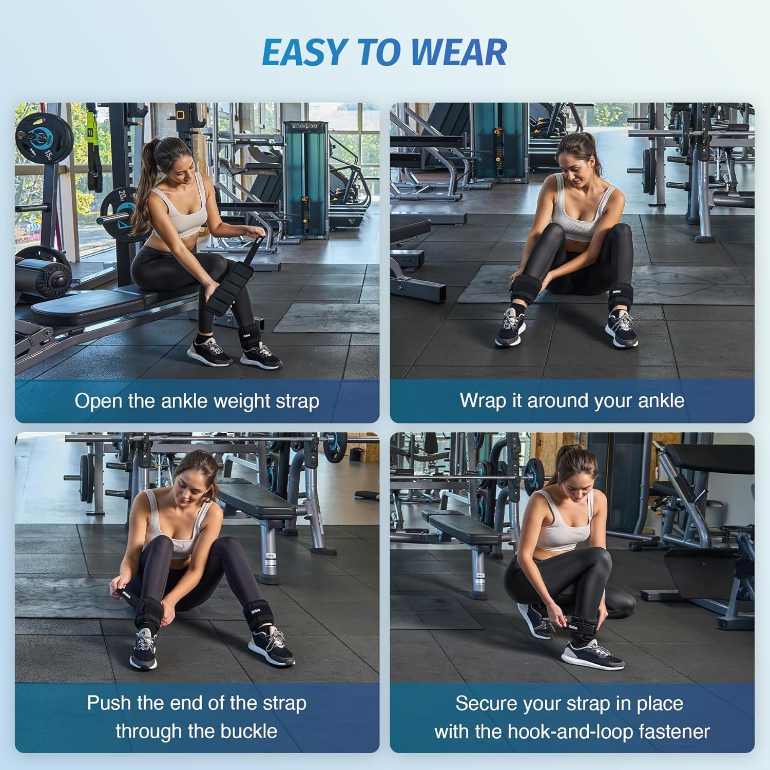Step-by-step guide on how to wear ankle weight straps in a gym setting.