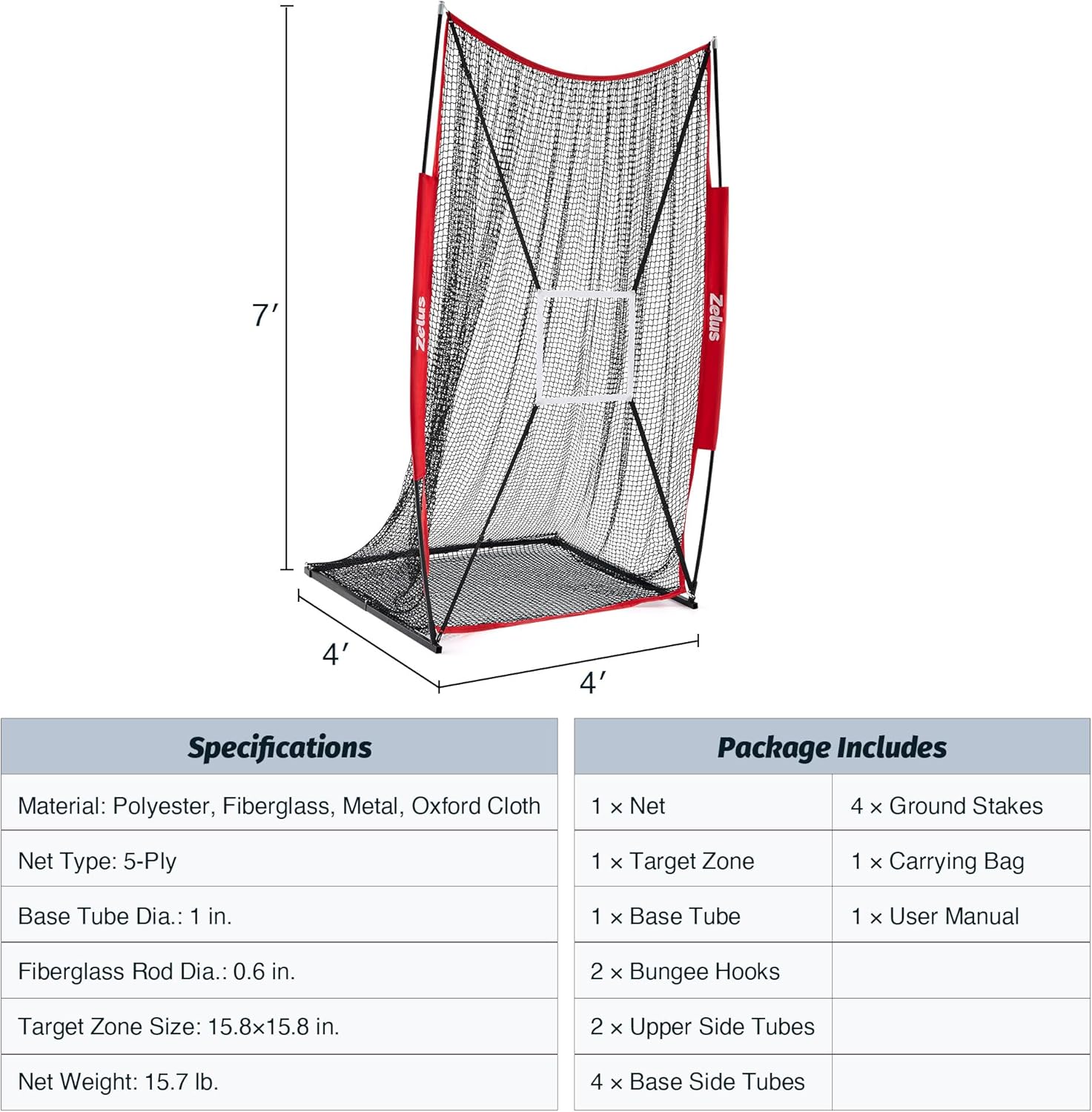 Dimensions and specifications of a sports net with package contents.