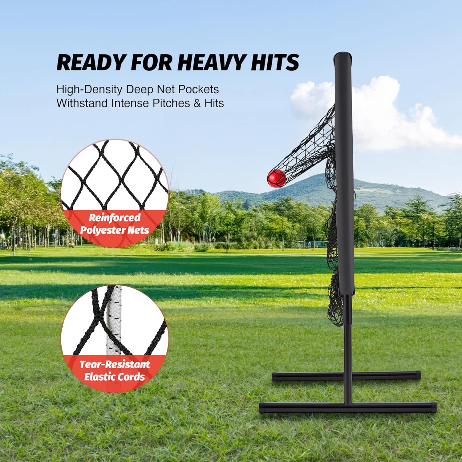 Baseball practice net with reinforcing features on a grassy field