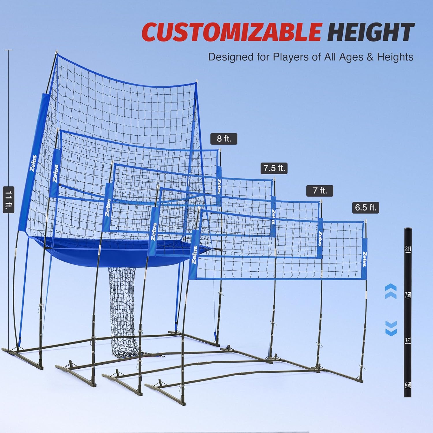 Customizable height sports training net system with height markings on a blue background