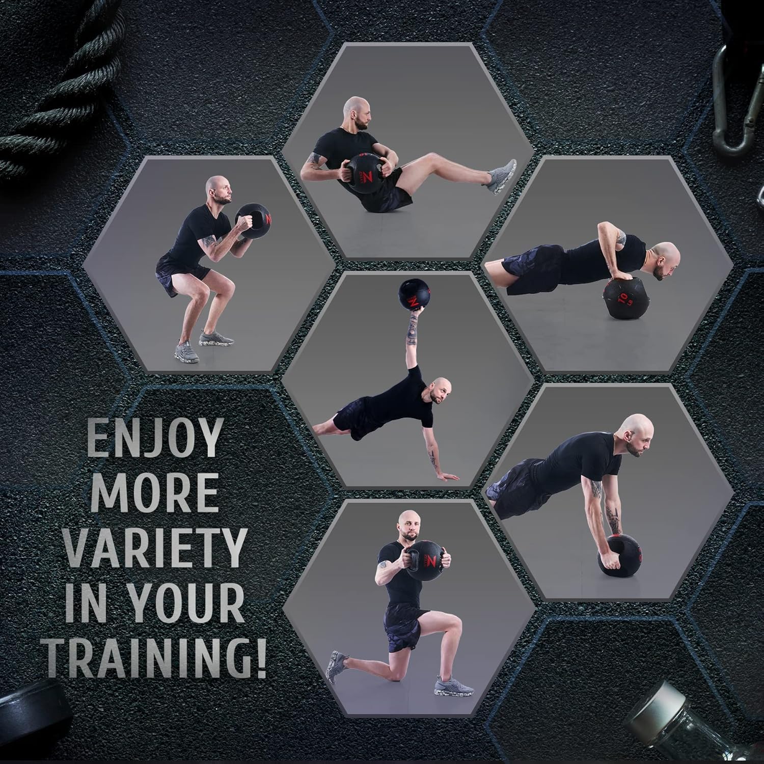 Man performing various exercises with medicine balls on a dark textured background with text 'Enjoy more variety in your training!'.