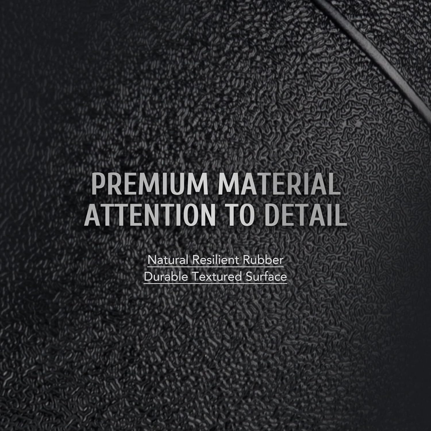 Text on a textured black surface describing premium material and attention to detail.
