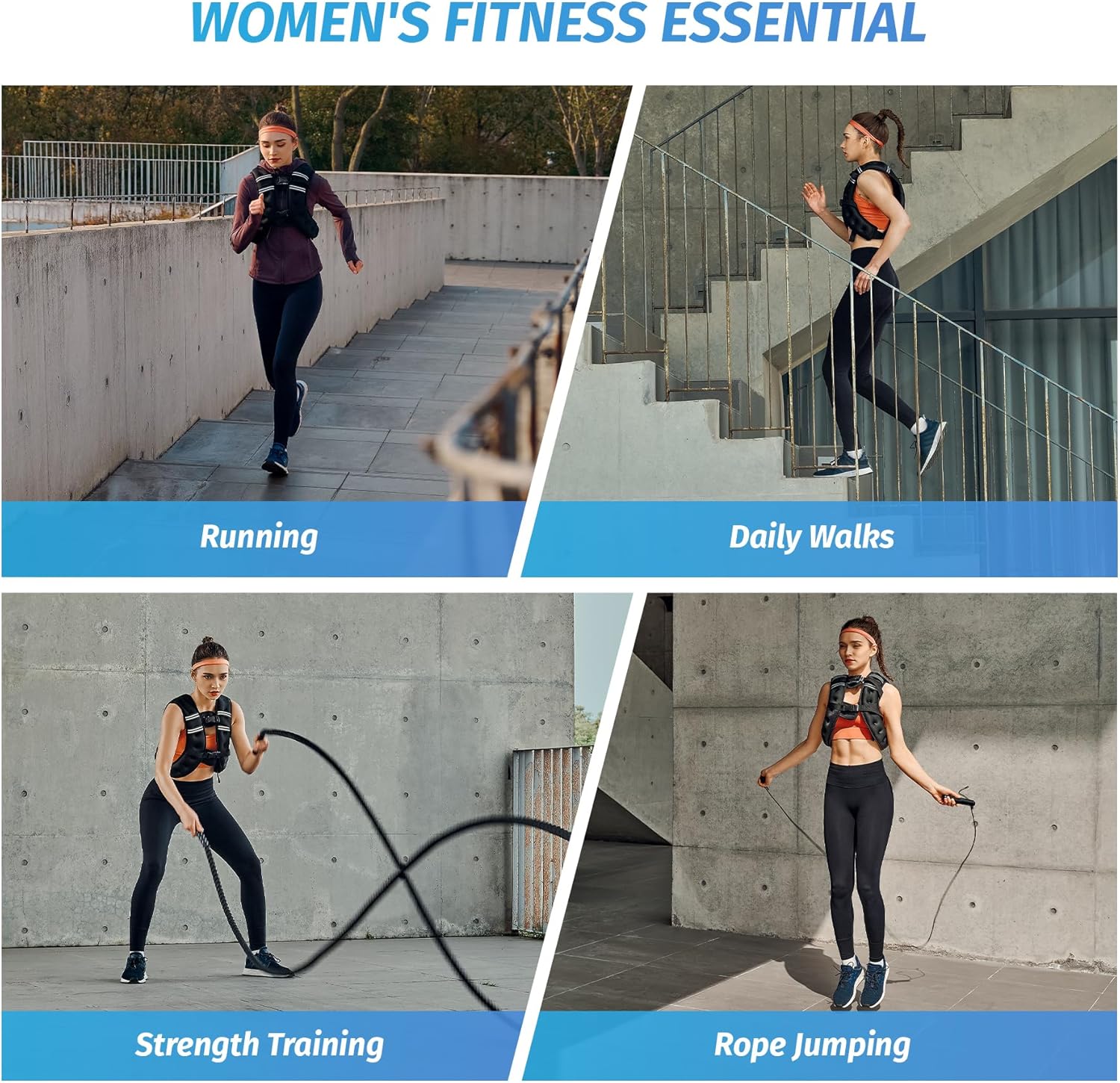 Woman engaging in various fitness activities including running, daily walks, strength training, and rope jumping in an urban setting.