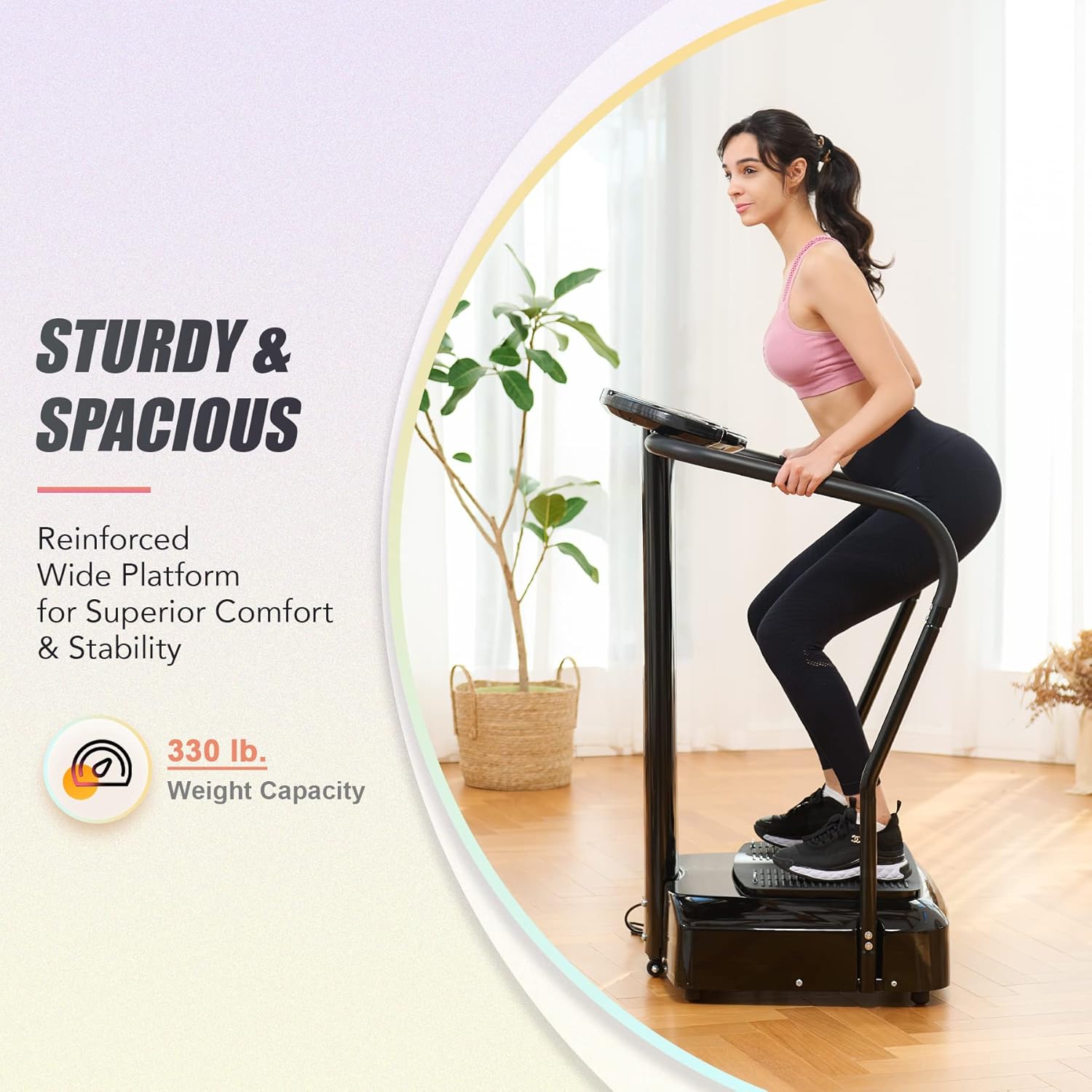 Woman using a vibration platform trainer in a home setting