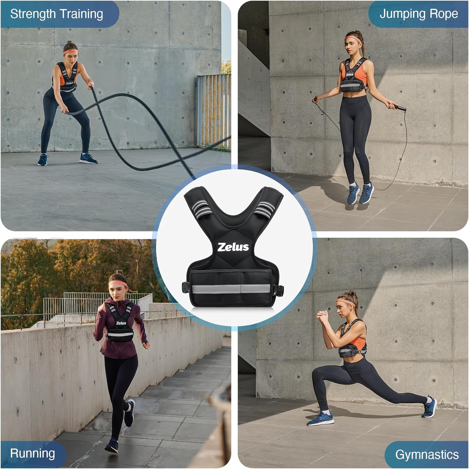 Collage of a woman exercising with a Zelus vest, including strength training, jumping rope, running, and gymnastics.