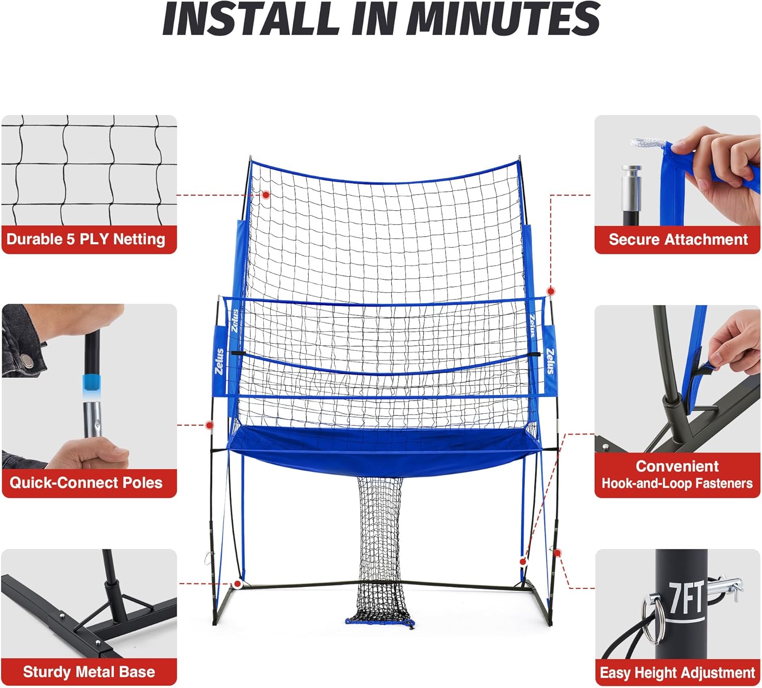 Portable sports net with features highlighted on a white background