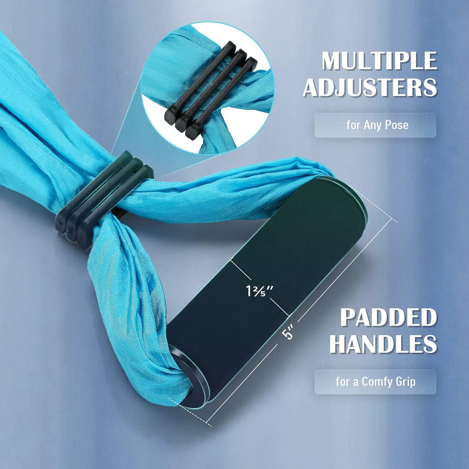 Blue resistance band with adjustable straps and padded handles on a gray background.