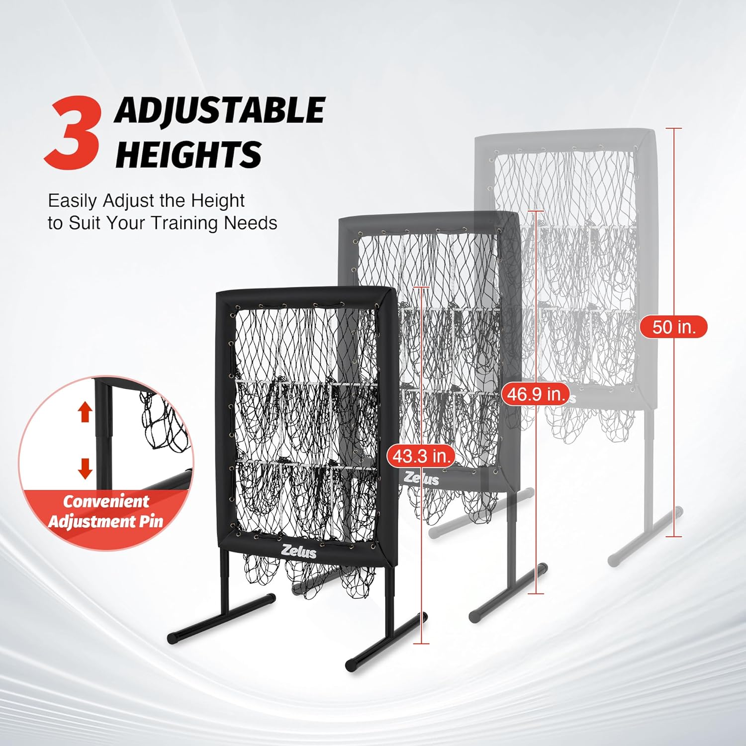Adjustable height sports training net with dimensions and features on a white background