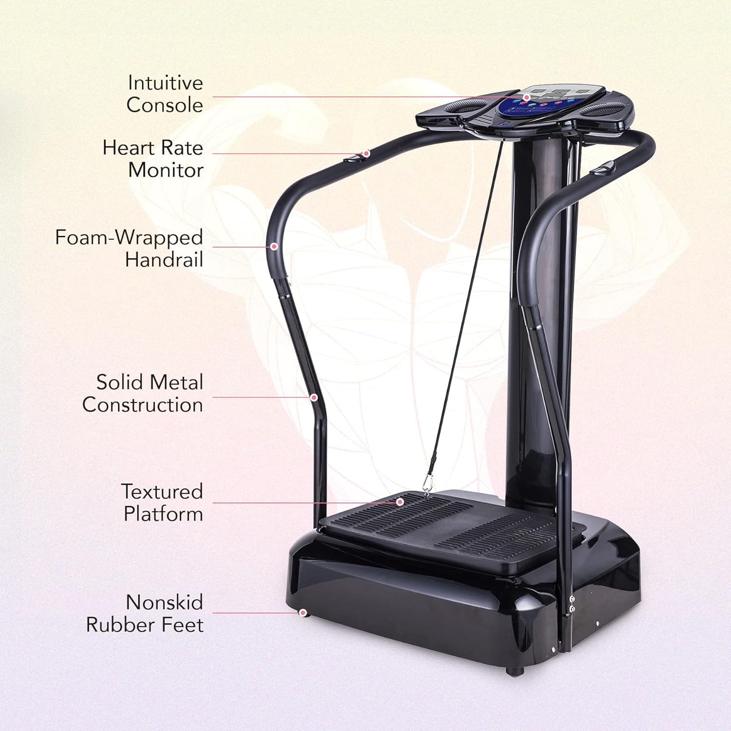 Black vibration platform with labeled features on a light background
