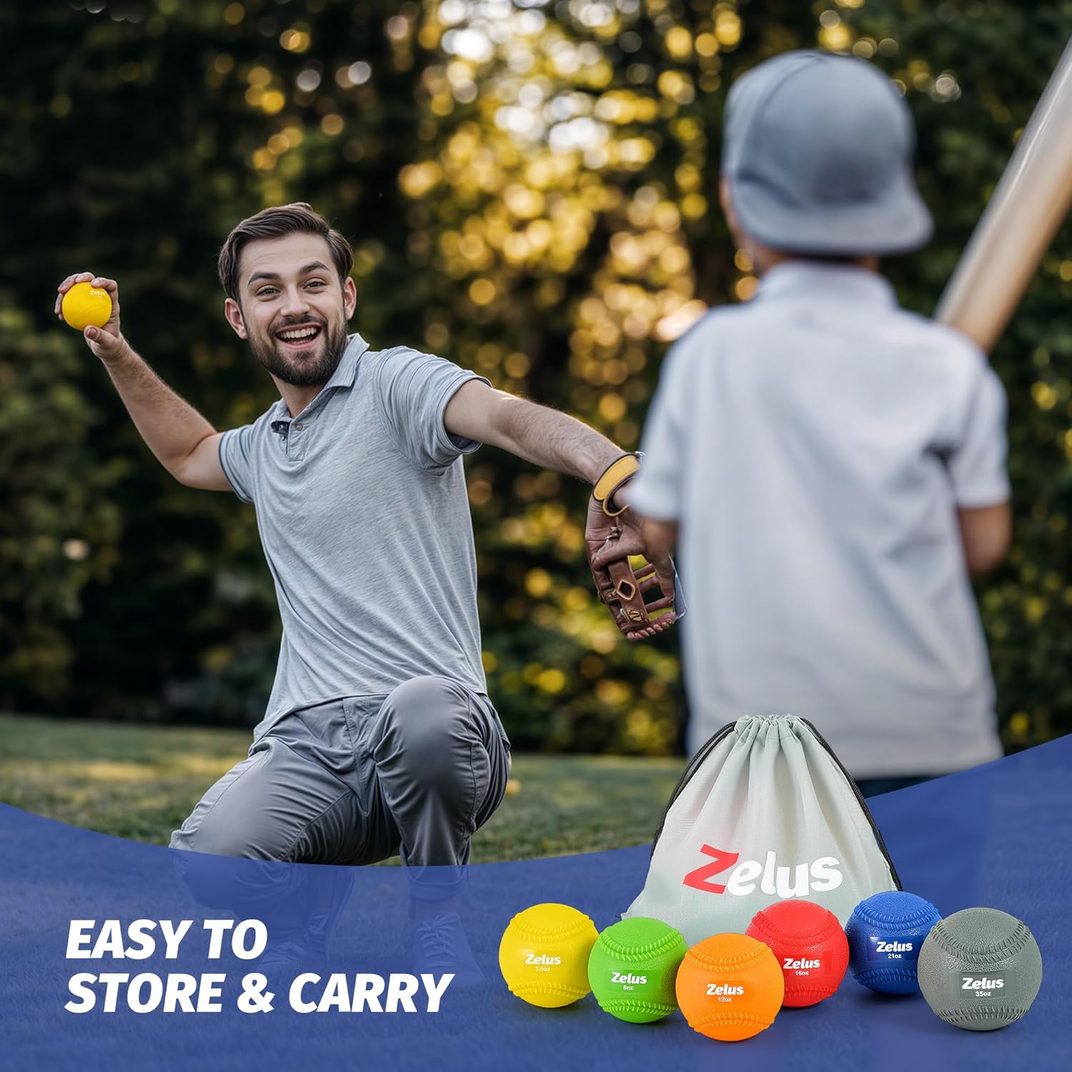 Man and child playing with colorful sports balls and a Zelus branded bag outdoors.
