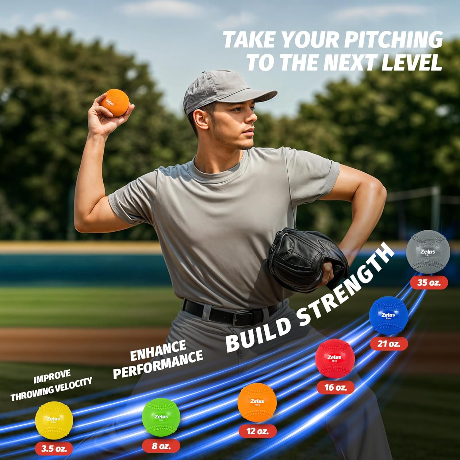 Person holding a baseball with text about improving pitching skills on a sports field.