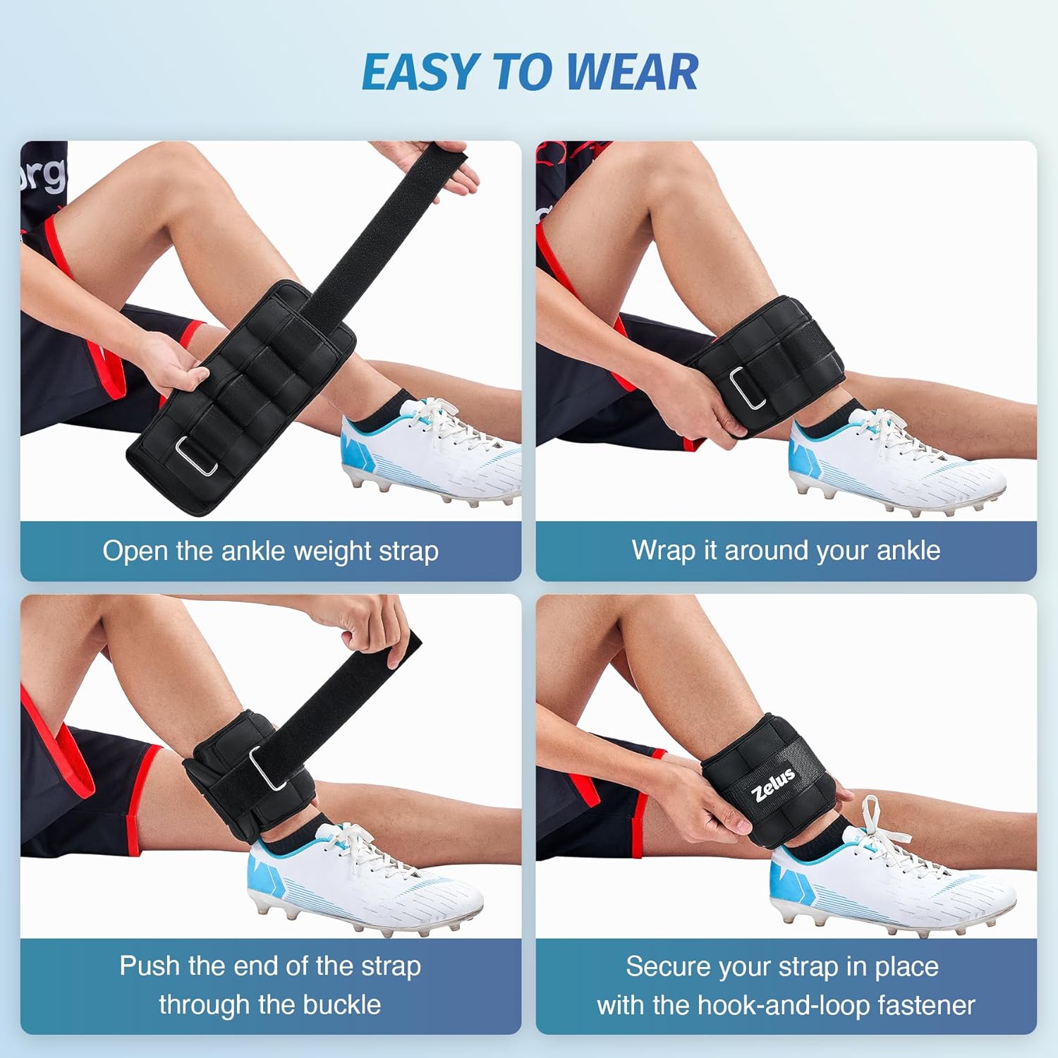 Step-by-step guide on how to wear an ankle weight strap.