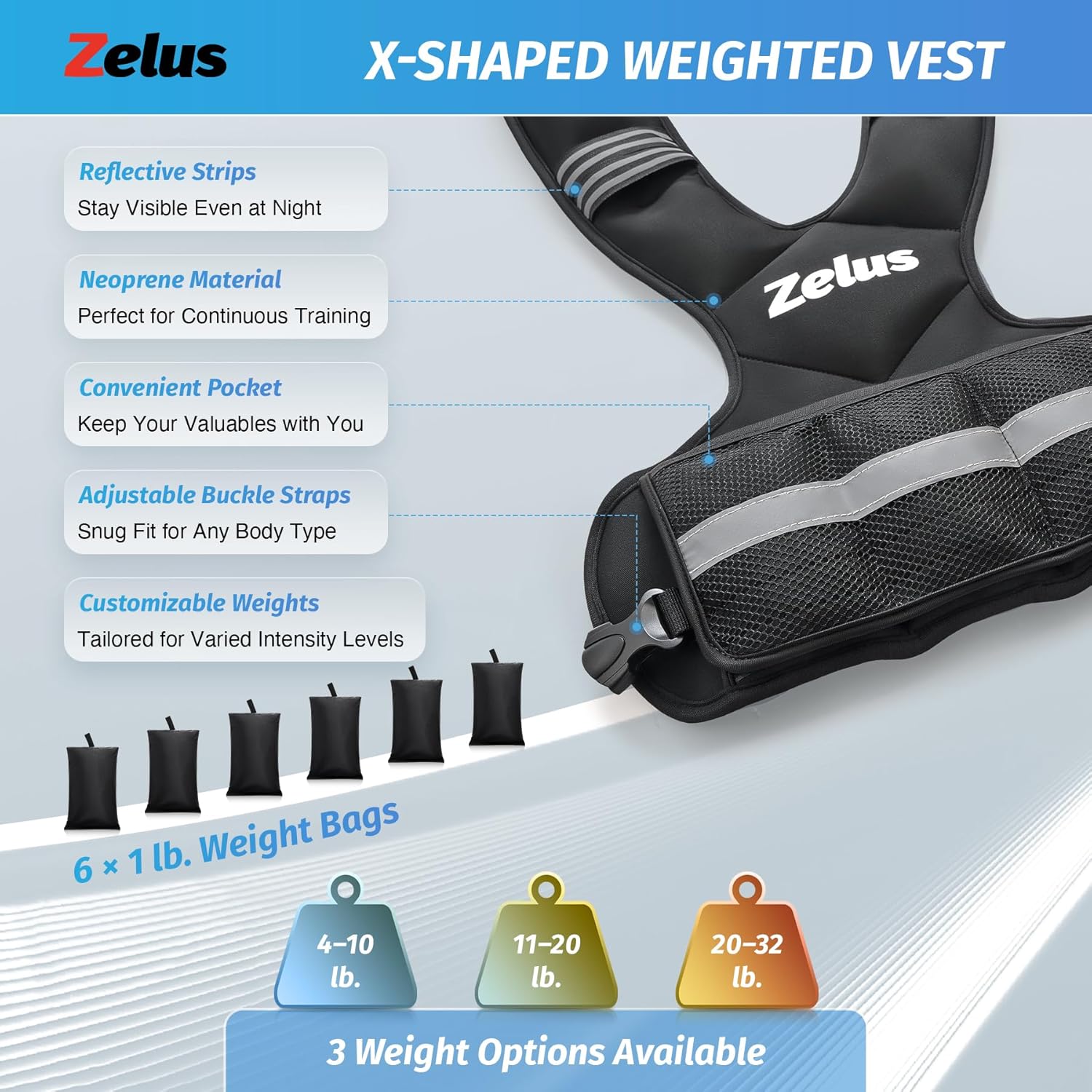 X-shaped weighted vest with features and weight options displayed.
