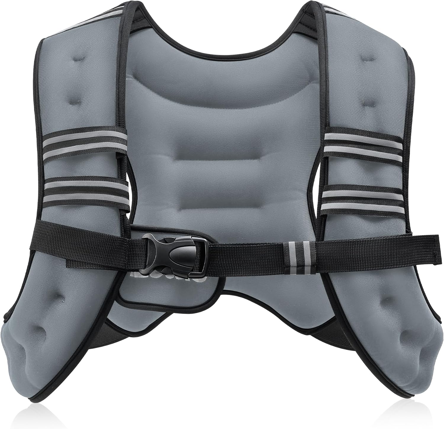 A black weighted vest with reflective strips, featuring adjustable buckle straps and multiple storage pockets.