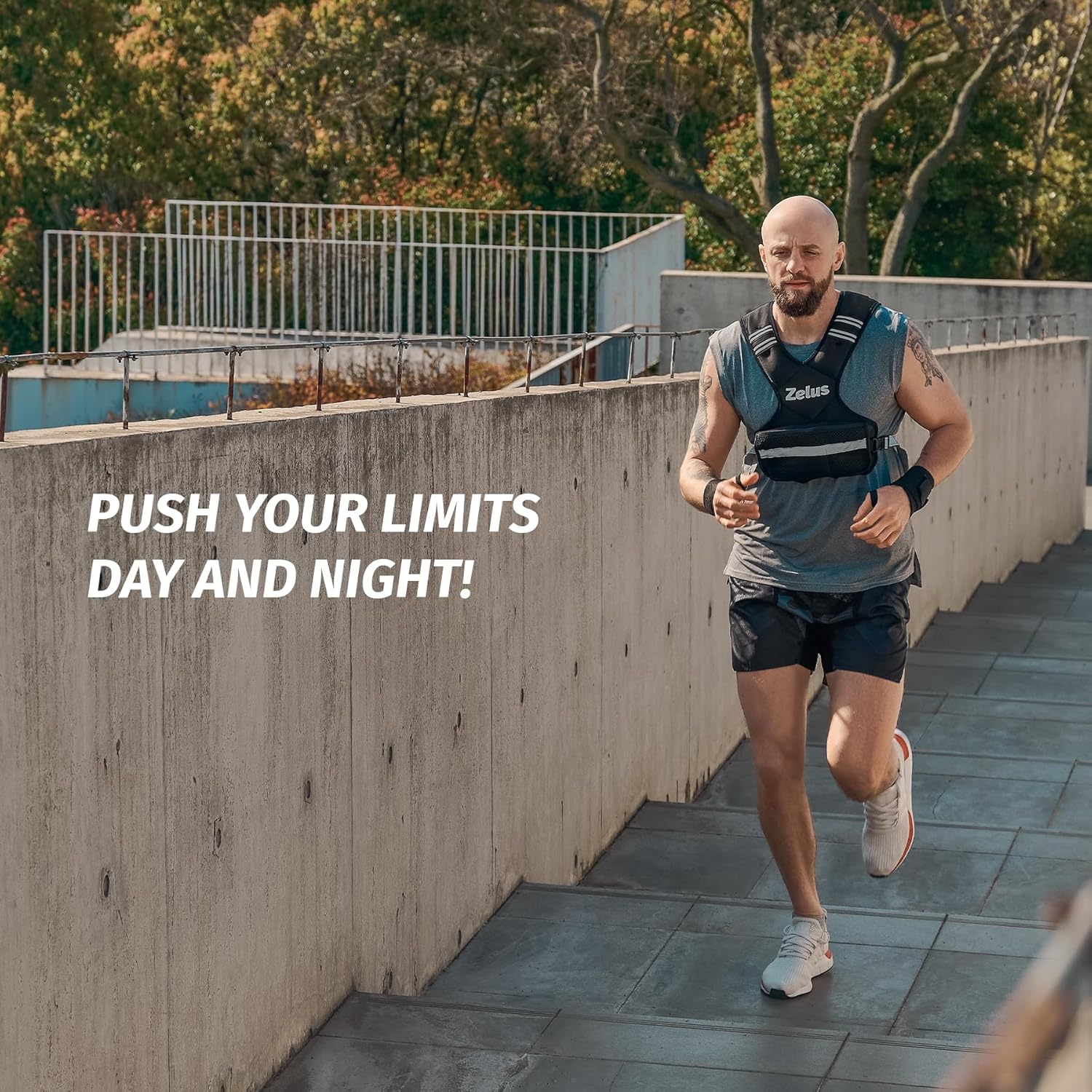 Man running on a rooftop with a motivational quote about pushing limits.