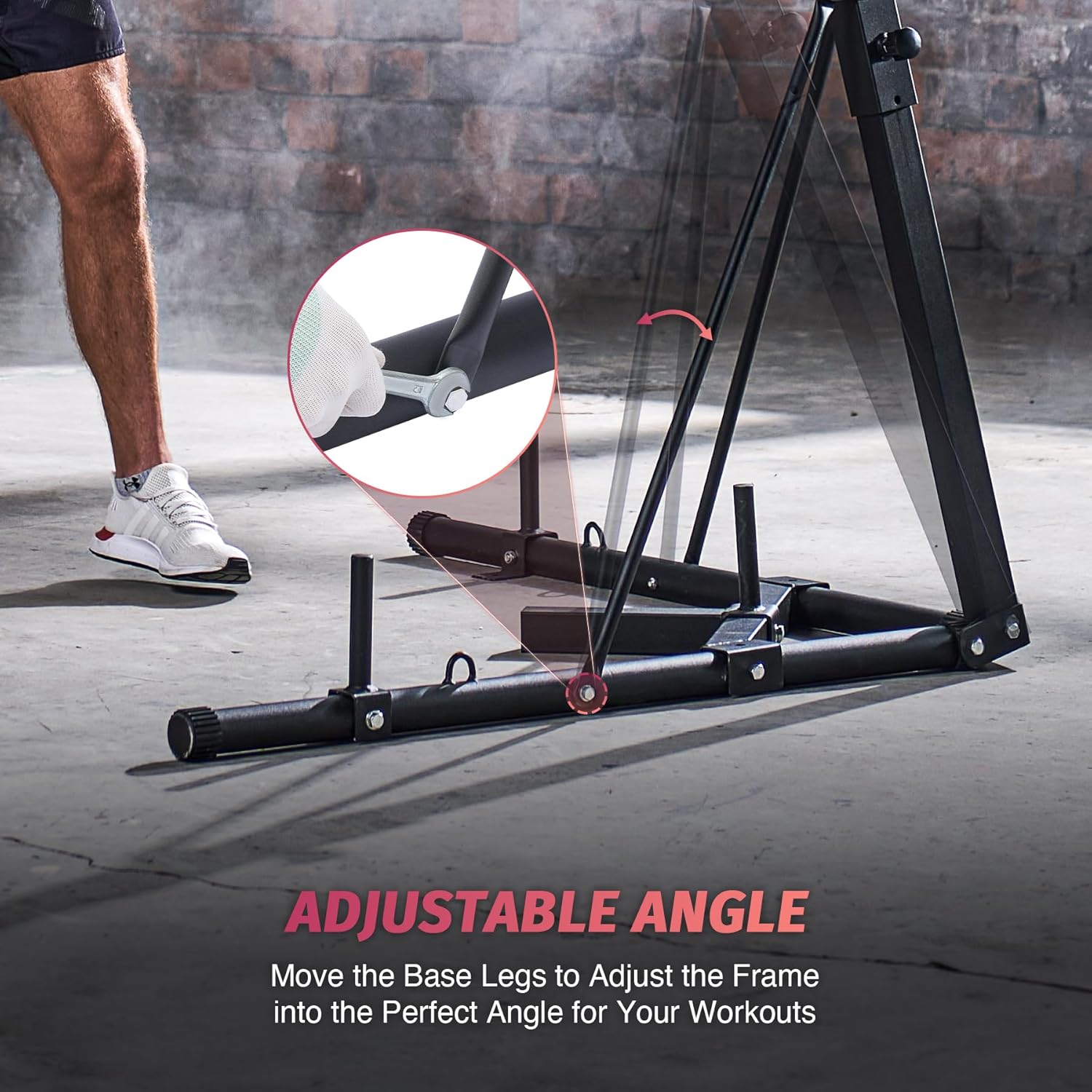 Black exercise equipment with adjustable base legs in a gym setting.