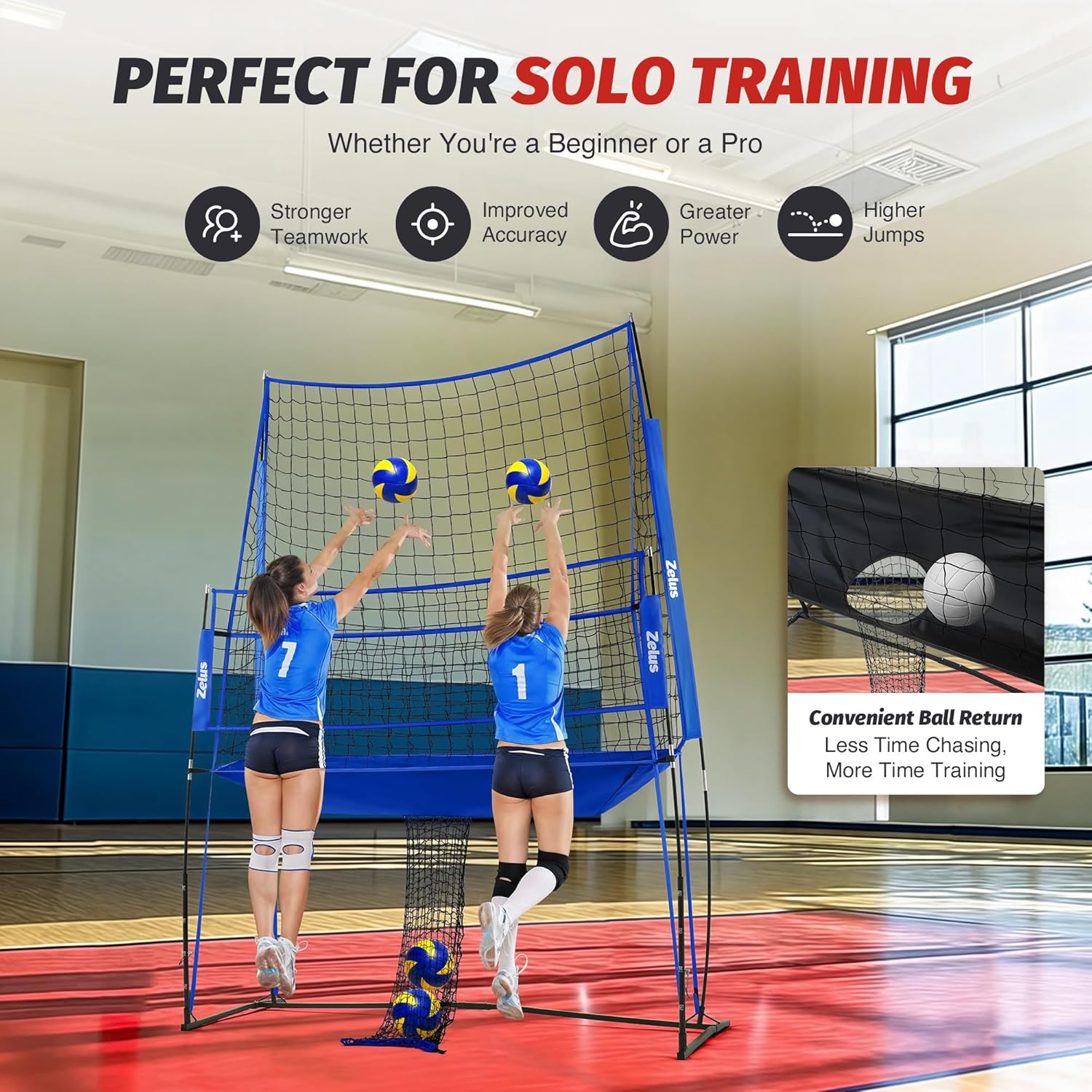 Two women playing volleyball with a net and screen in an indoor setting, promoting solo training benefits.