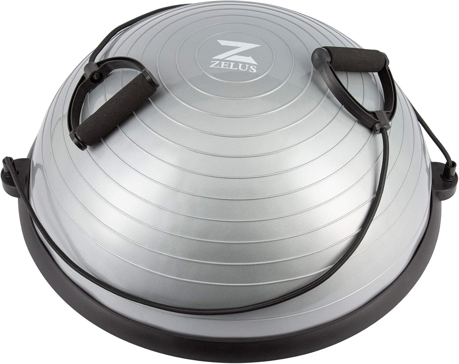 A black ZELUS balance ball trainer with a textured surface and resistance bands attached to it.