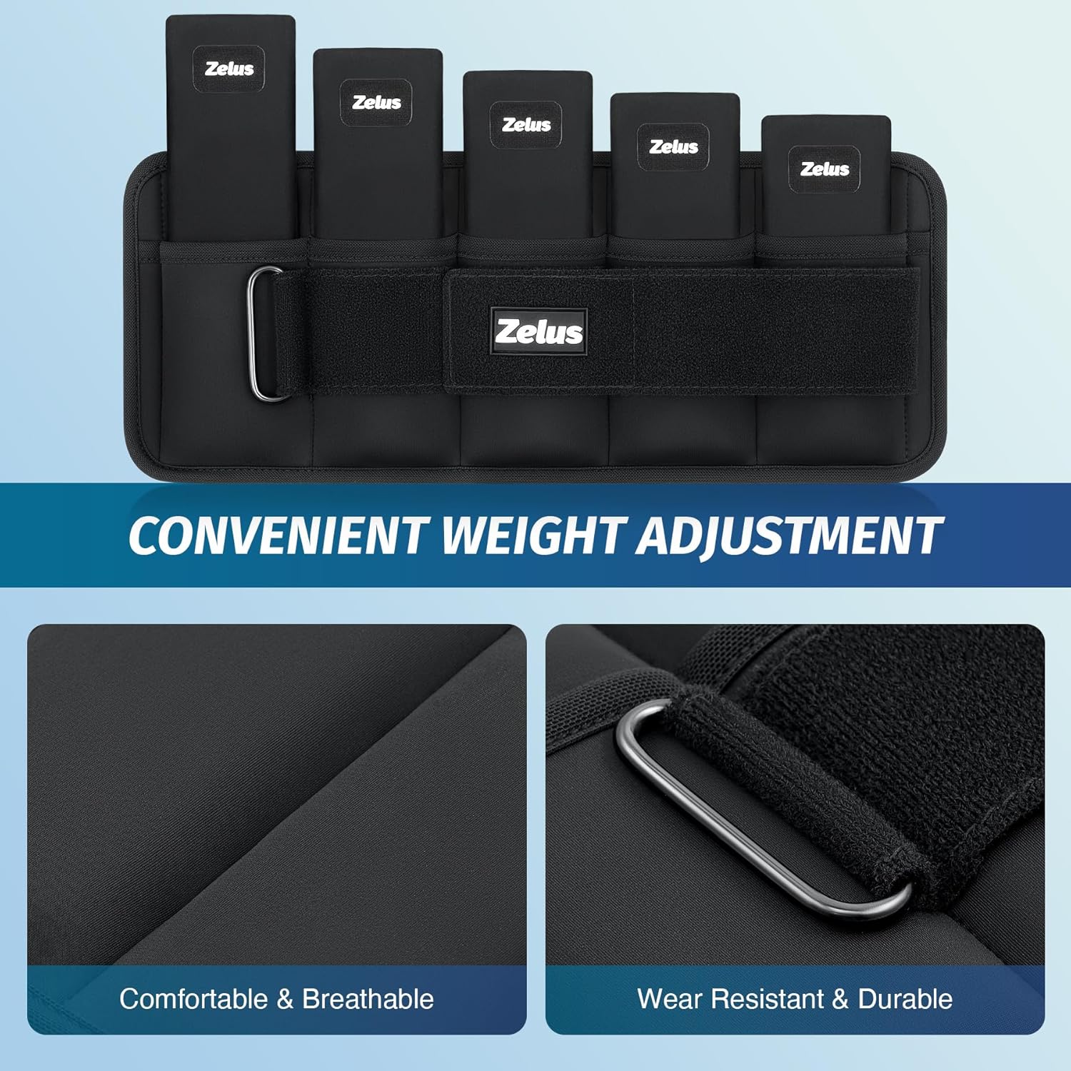 Black weightlifting belt with Zelus branding on a blue background, featuring text about weight adjustment and product features.