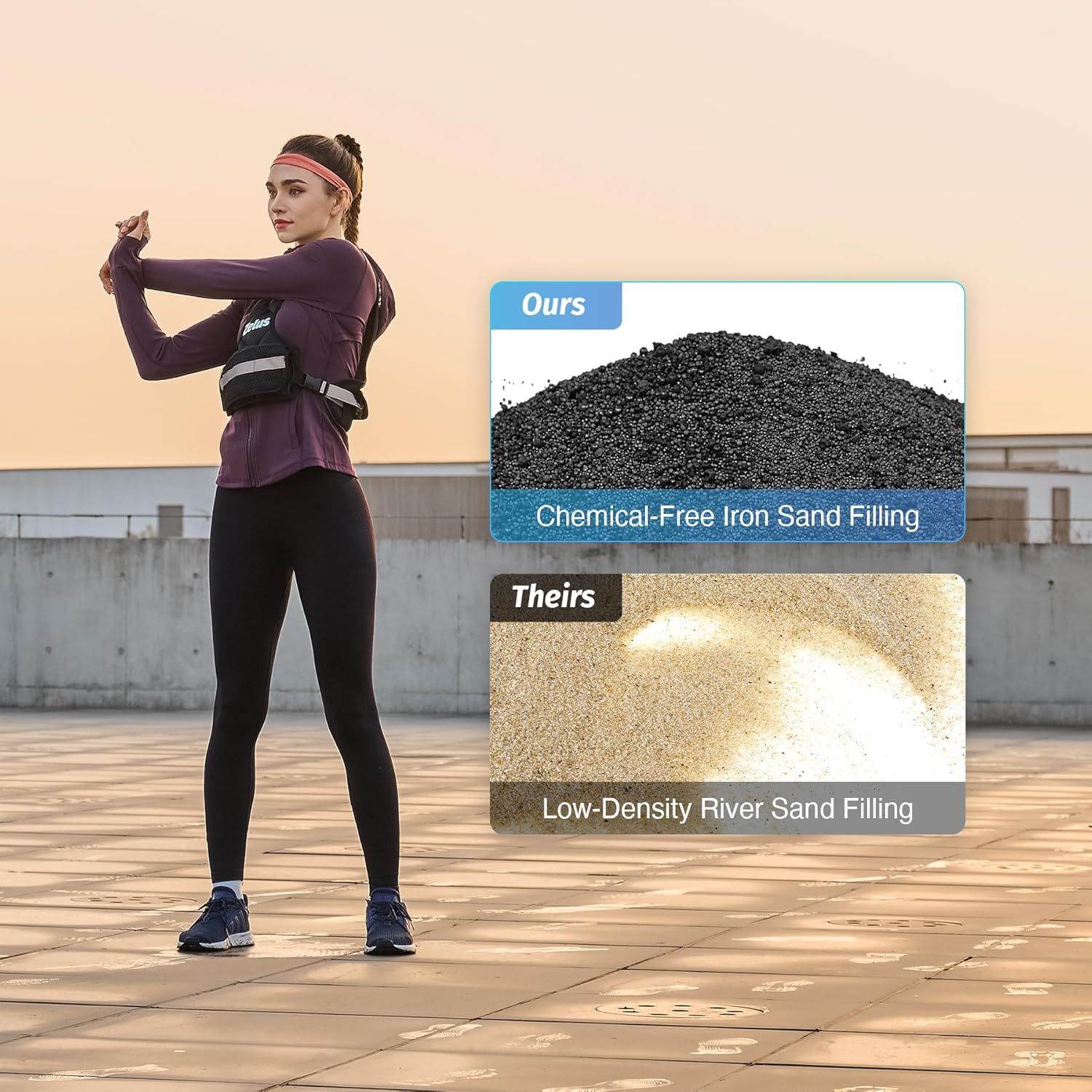 Woman stretching on a rooftop with a comparison of sand filling options.