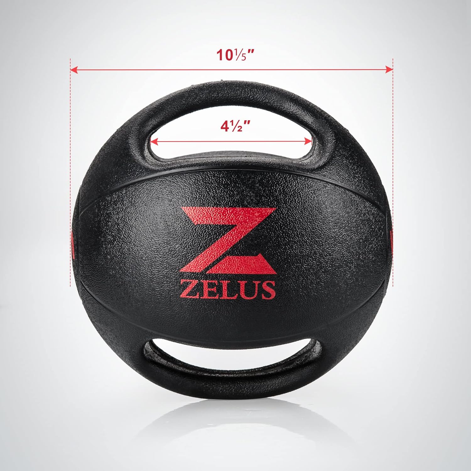 Black ZELUS medicine ball with dimensions on a white background