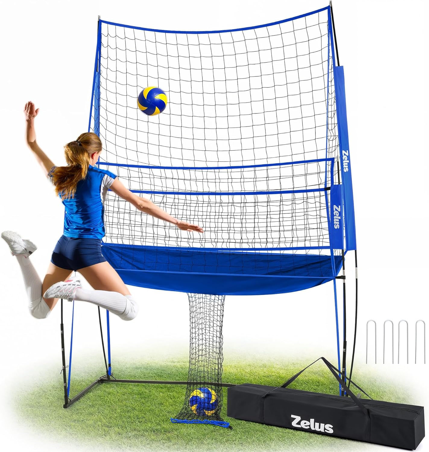 Zelus sports training net with a person practicing throwing a ball against it on grass.