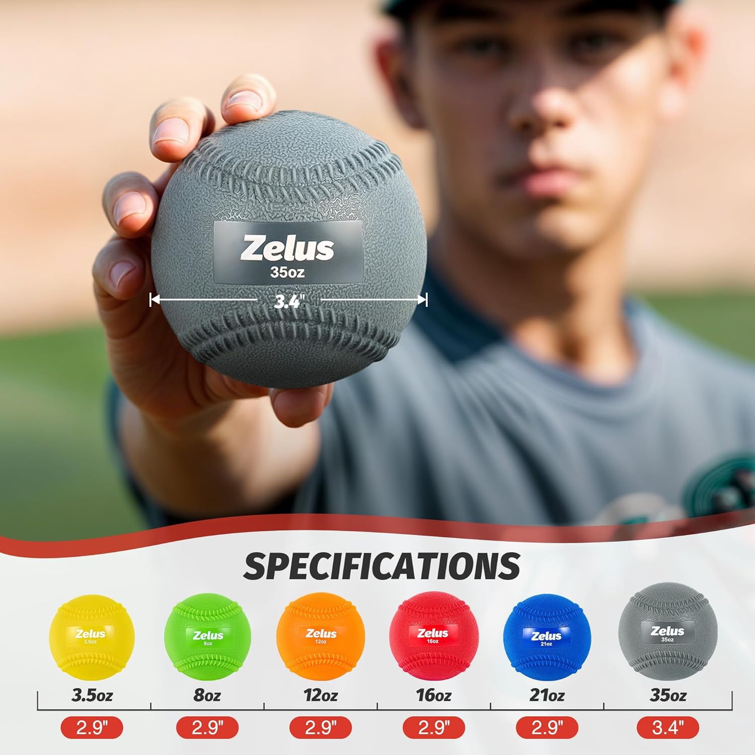 Person holding a Zelus baseball with specifications displayed below
