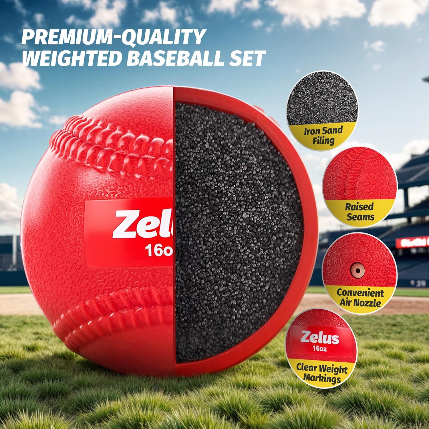 Red and black weighted baseball with Zelus branding on a grassy field background