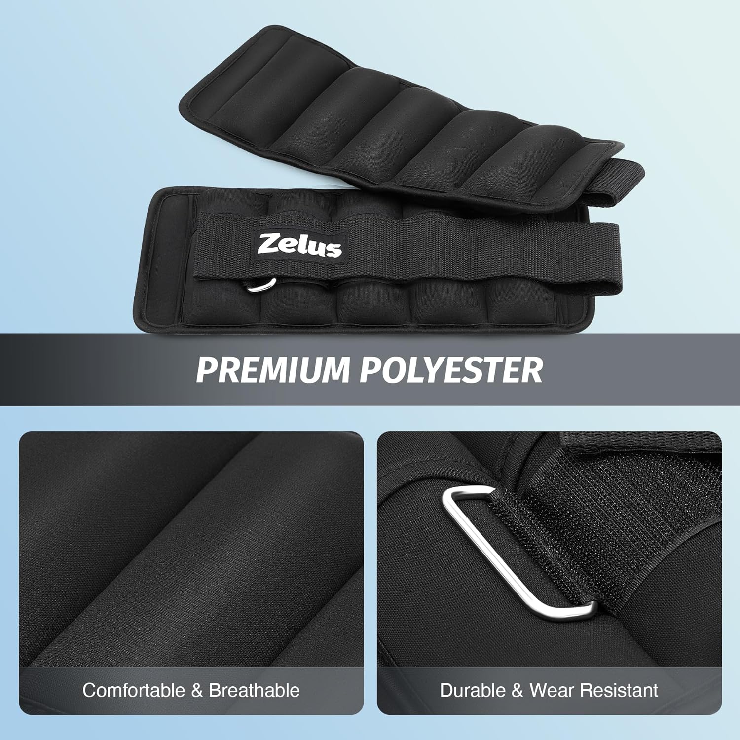 Black ankle weight with text on a light blue background